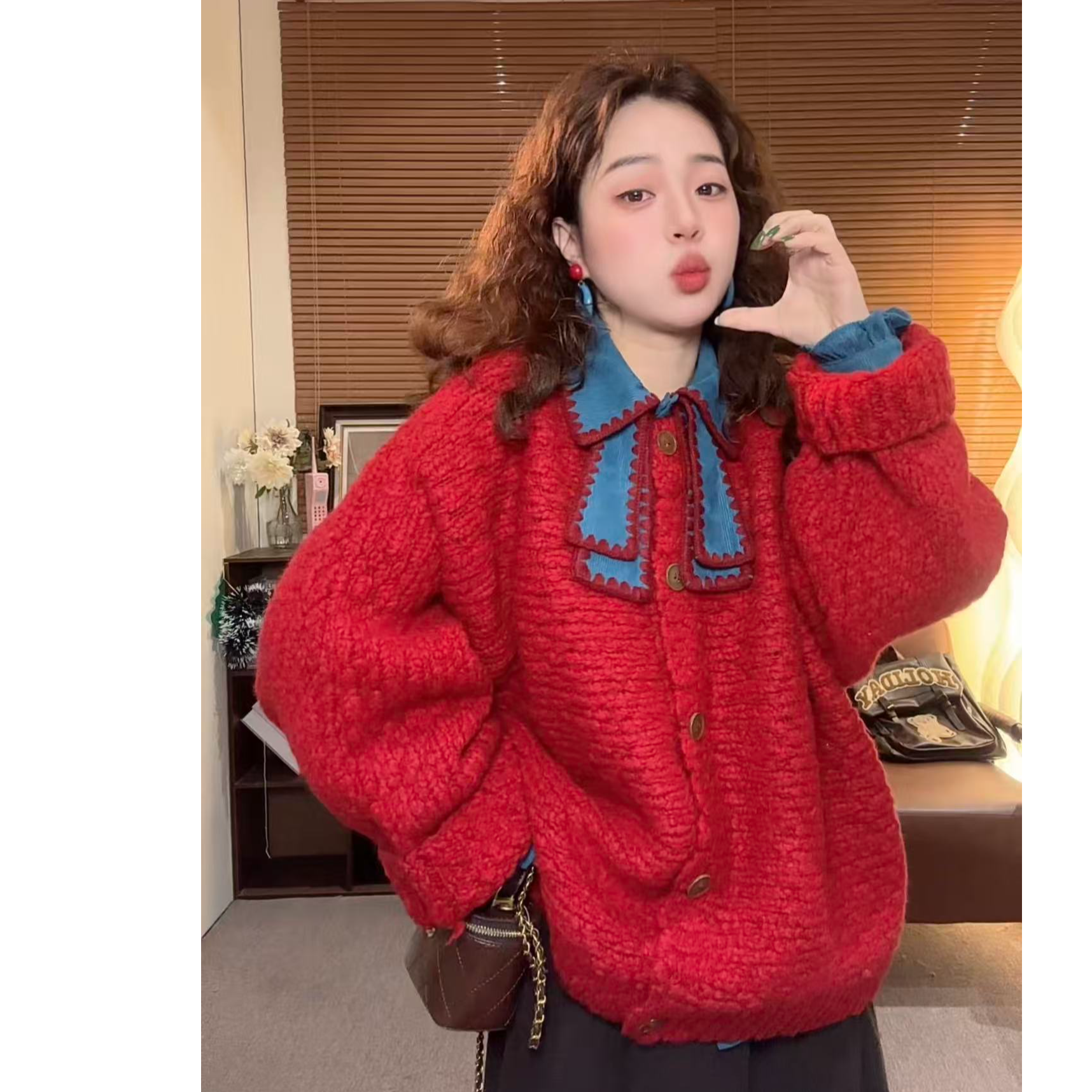 【红酒微香】港风复古新年红设计感大棒纱毛衣外套