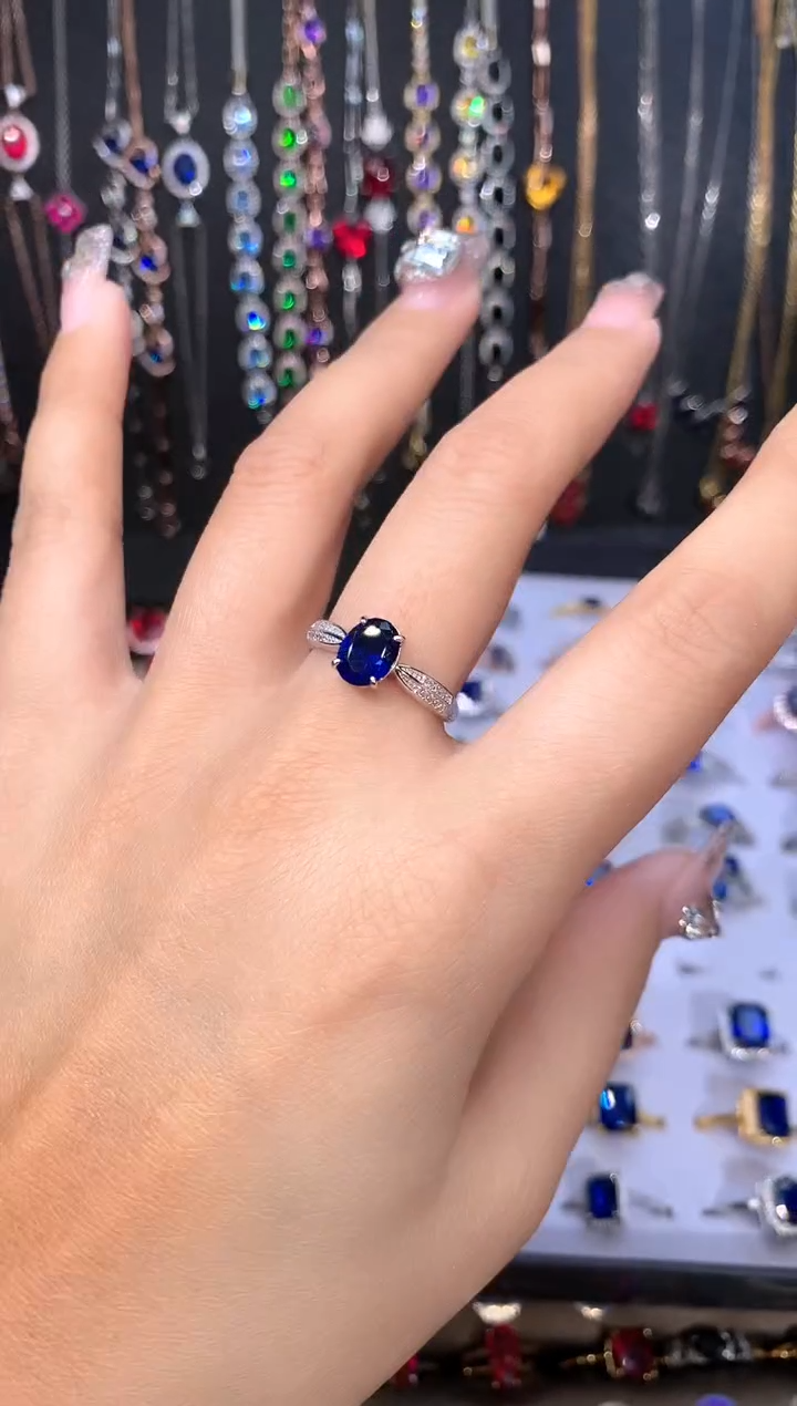 蓝宝石戒指银S925镶嵌银色68