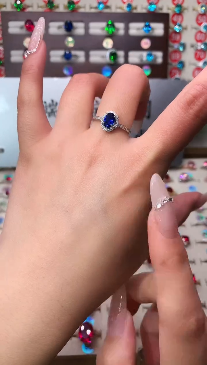 戒指蓝宝石银S925镶嵌5*7 银托
