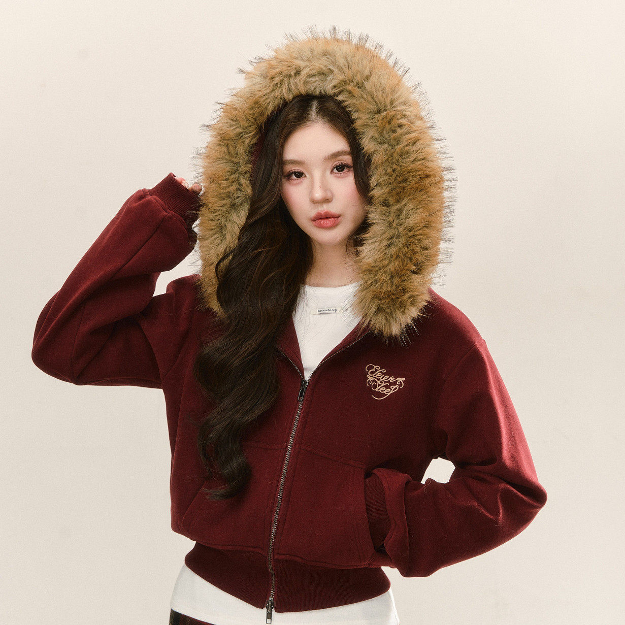 ELEVEN SLEEP冬季红色短款外套女韩系毛领新年厚外套加绒连帽卫衣
