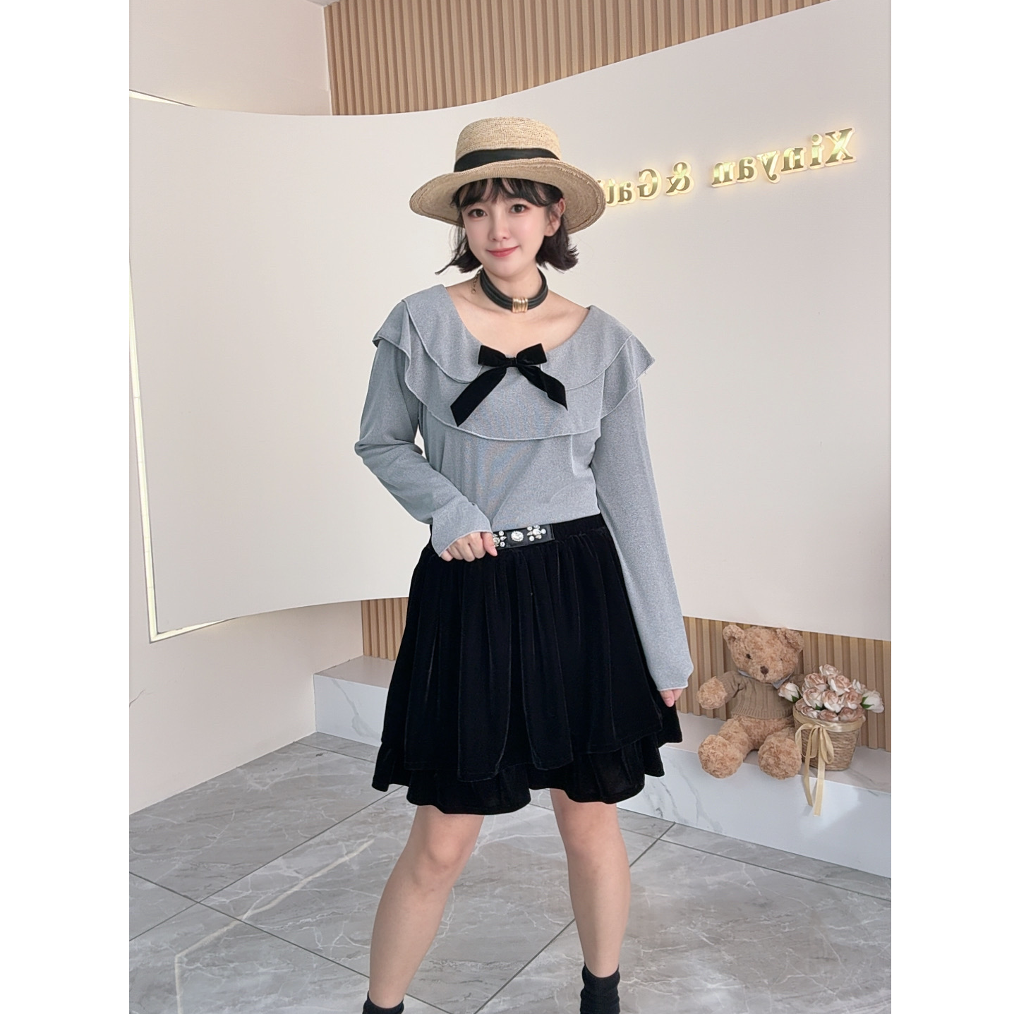 【之霖甄选】大码针织套装裙女秋流行修身上衣辣妹性感短裙两件套