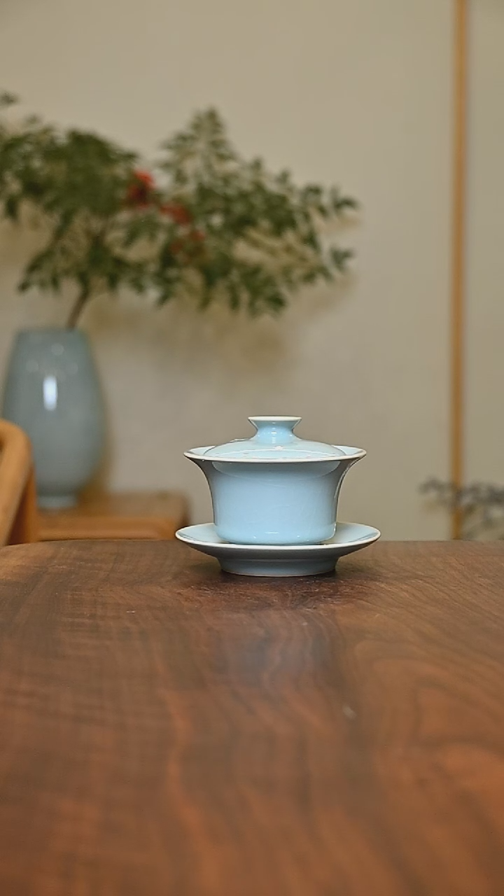 盖碗 天青 微瑕 朱家汝窑款