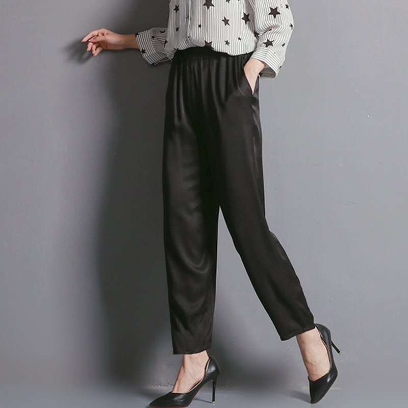 桑蚕丝弹力双乔小脚裤夏季休闲裤真丝裤子女款妈妈休闲百搭黑色