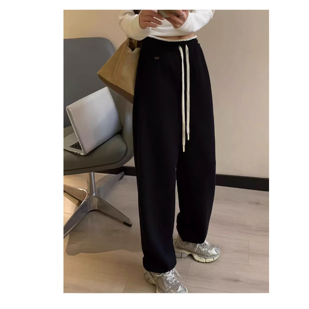 egg韩版高腰男女同款抽绳休闲运动卫裤宽松显瘦春季纯色束脚长裤