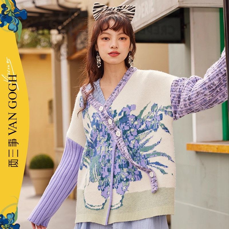 【芋总专属】两三事梵高艺术星夜花海油画图案斜边纽扣毛衣外套