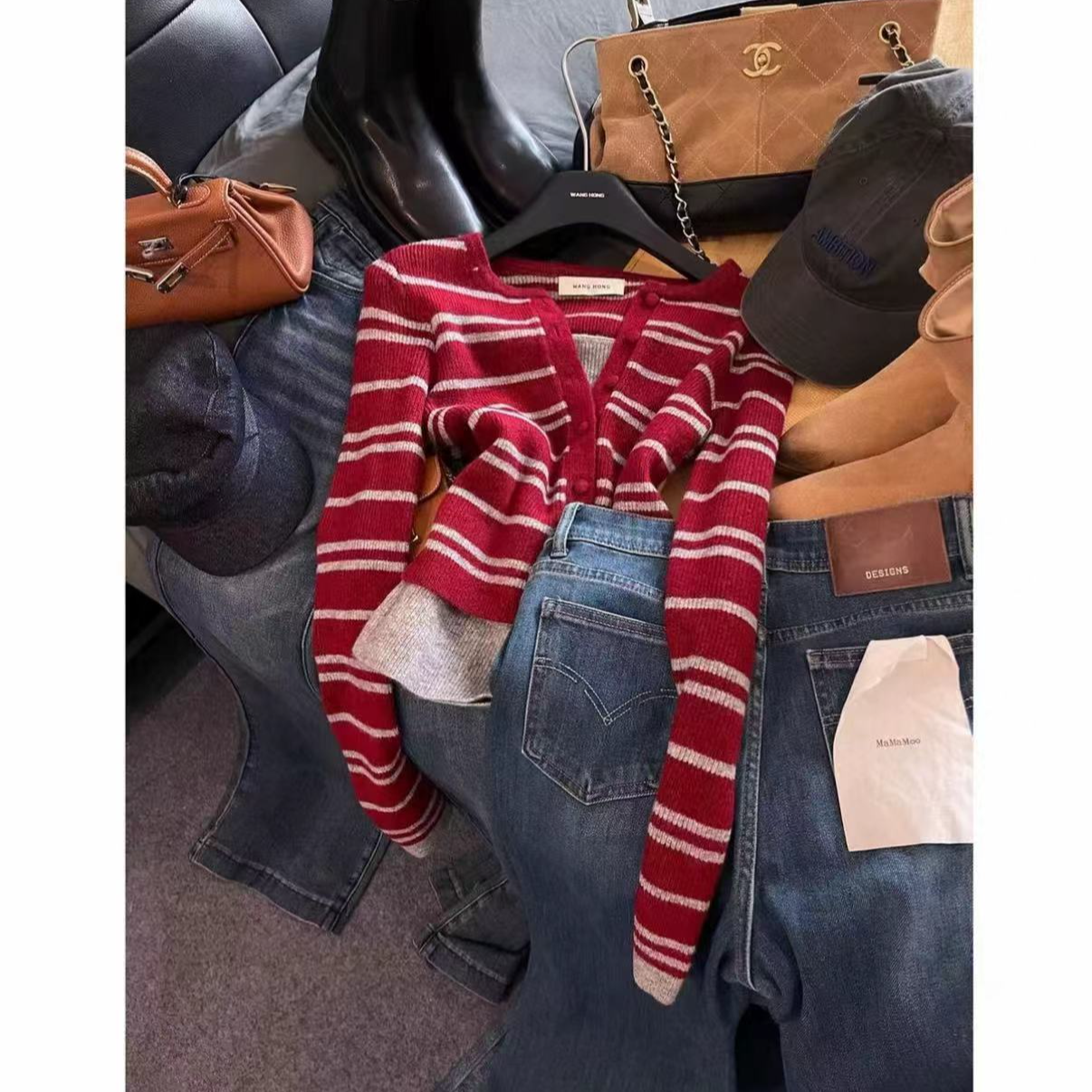 【运补4-6】休闲2025冬季新款百搭显瘦仿针织印花条纹假两件T恤