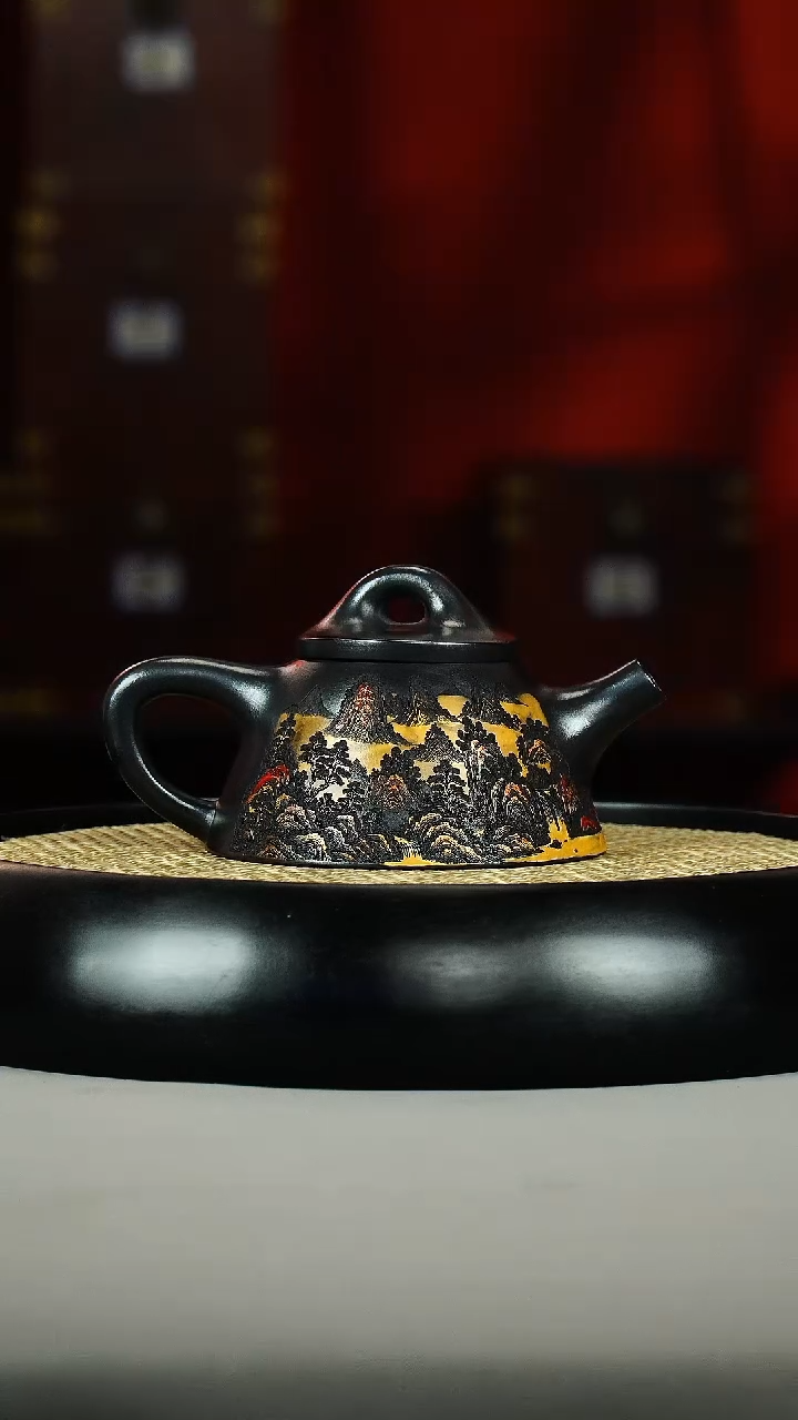 茶壶紫砂石黄 霸王石瓢 彩刻 山水楼阁