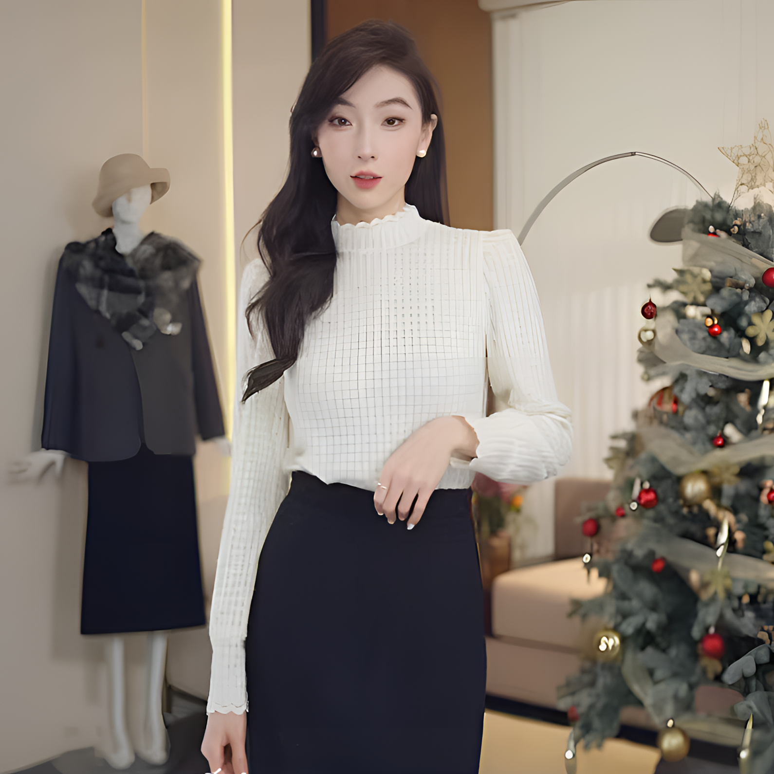 【商场同款】2025春夏新款法师蕾丝花边华夫格套头衬衫显瘦女130006