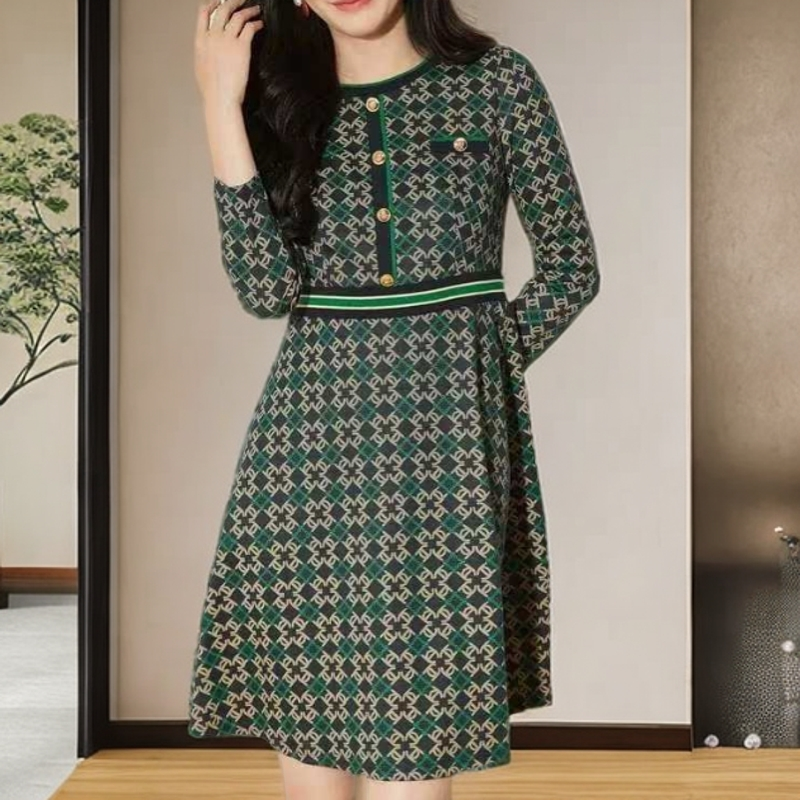 A454#【木兮兮专属】2025春季新款气质修身时尚印花圆领连衣裙女