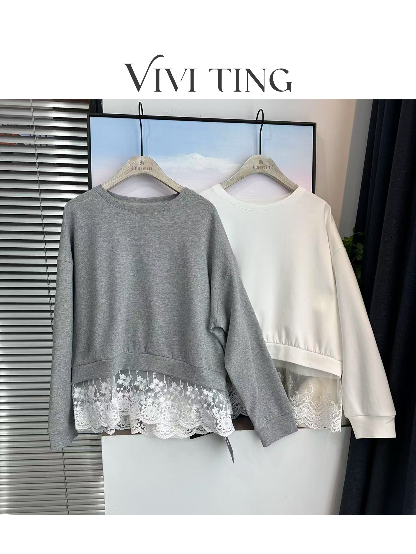 【VIVI·TING】婷姐推荐春装新款法式下蕾丝钩花拼接长袖纯色上衣s35