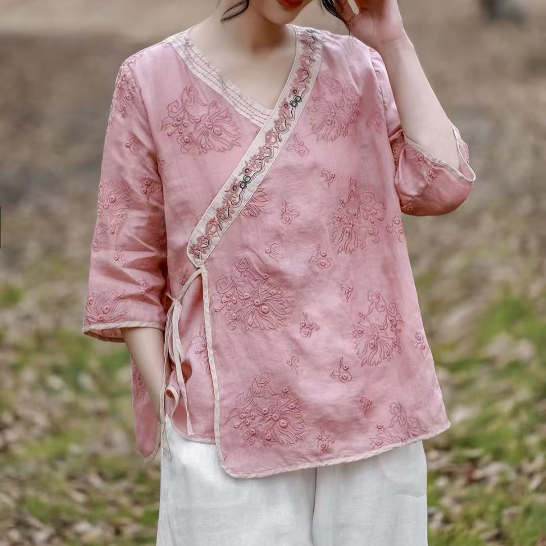 8986新款撞色绣花加密苎麻汉服上衣（衣长60左右）
