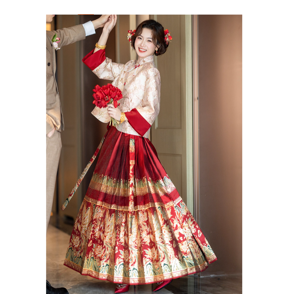 2025秋冬大码胖mm新中式马面裙婚服汉服套装新娘订婚礼服敬酒服女