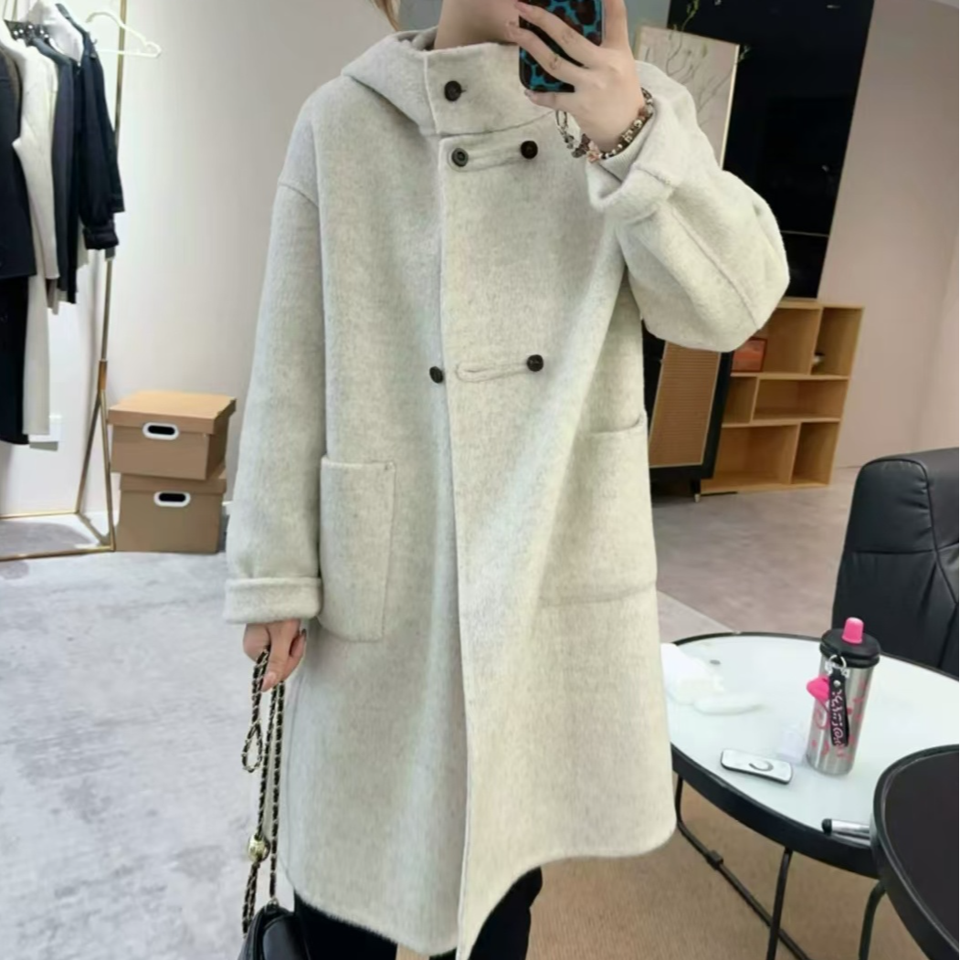 韩版秋冬新款连帽毛呢外套减龄双面羊毛呢大衣女慵懒风显瘦中长宽