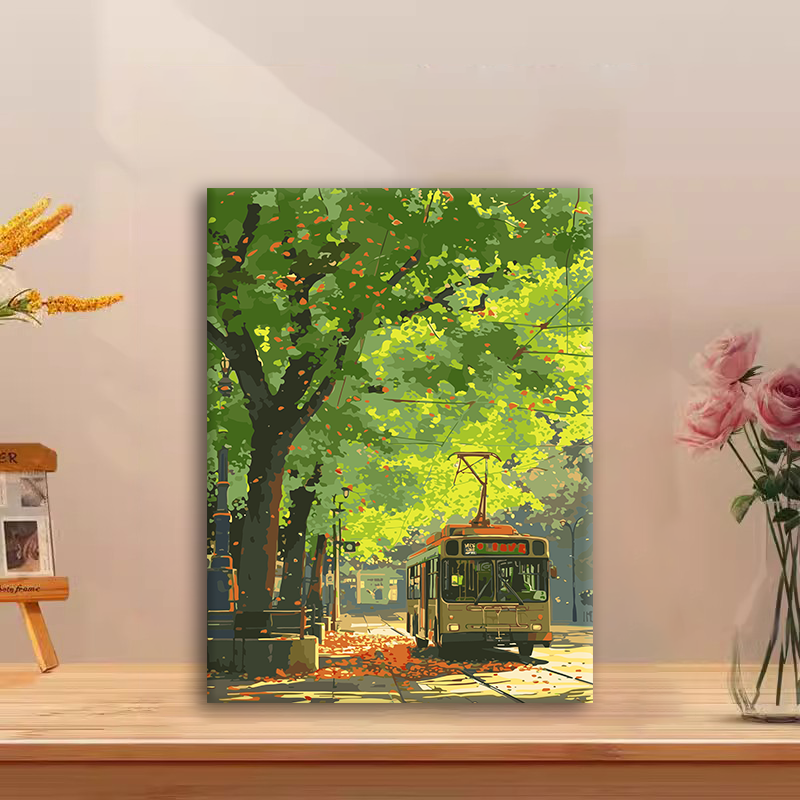 (夏日公交）diy数字油画红线条手工填涂色解压治愈丙烯装饰画