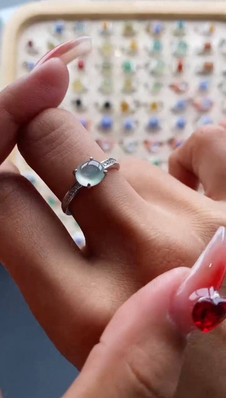 【闪购商品】翡翠戒指银S925镶嵌缅甸天然A货翡翠444 2+8