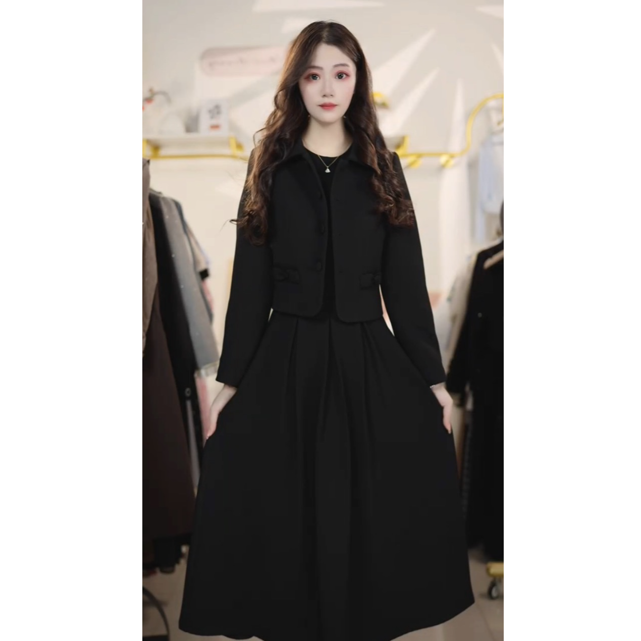 黑色连衣裙套装女2025秋冬新款优雅气质收腰显瘦连衣裙Y6590701