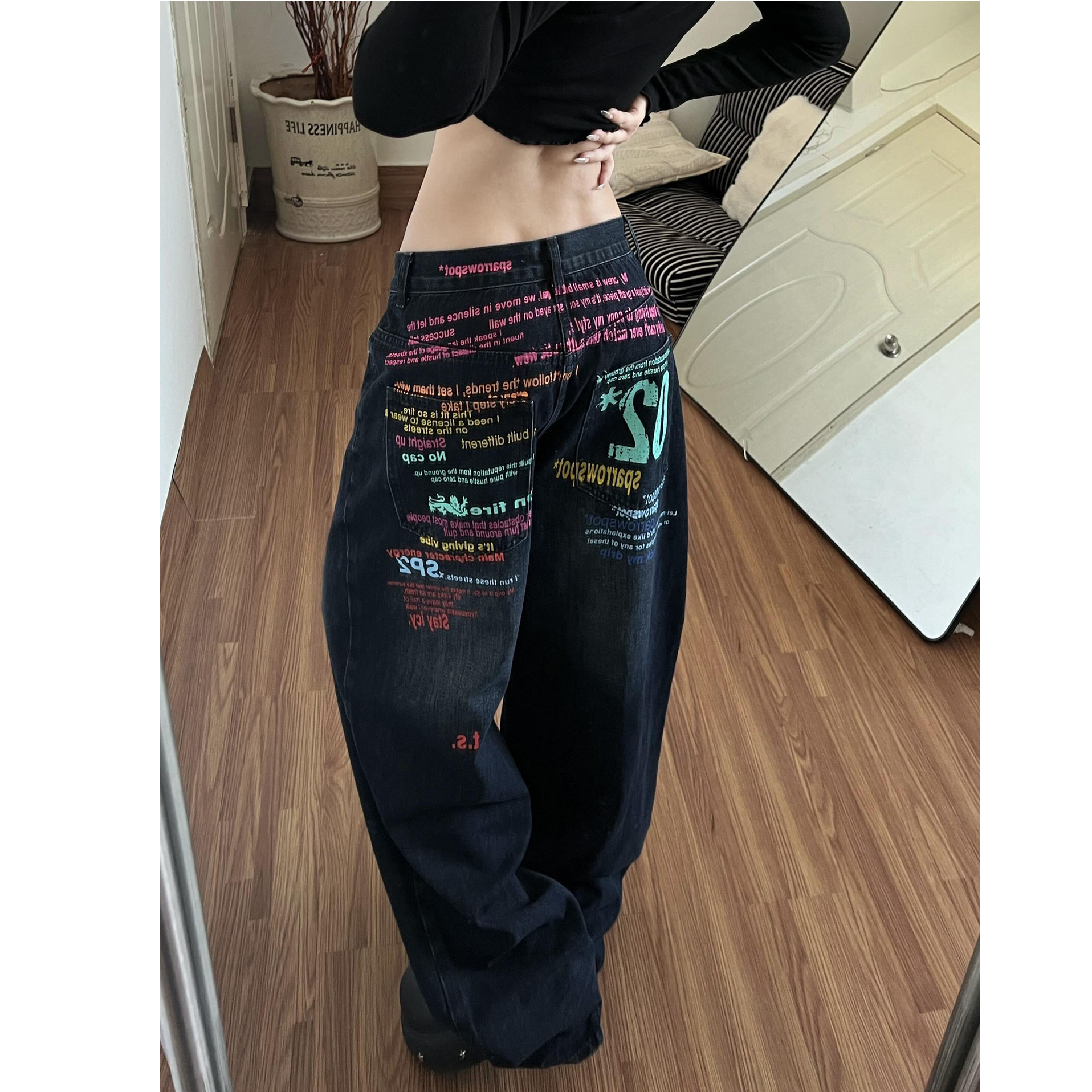 美式复古彩色字母印花牛仔裤女秋冬新款街头宽松设计感宽松长裤子