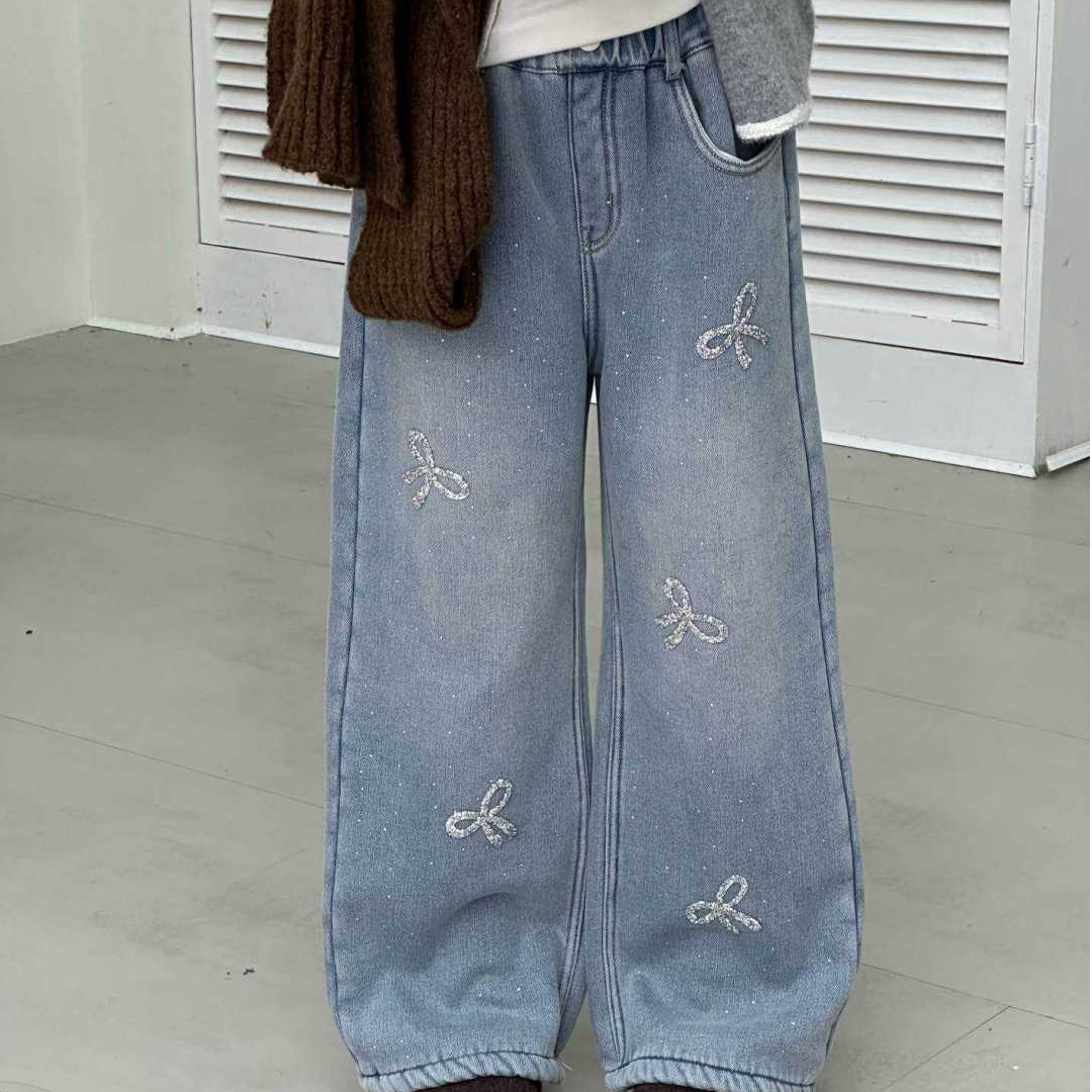 YEYAER•25冬~时尚蝴蝶结加绒牛仔裤68831蓝色  15--11