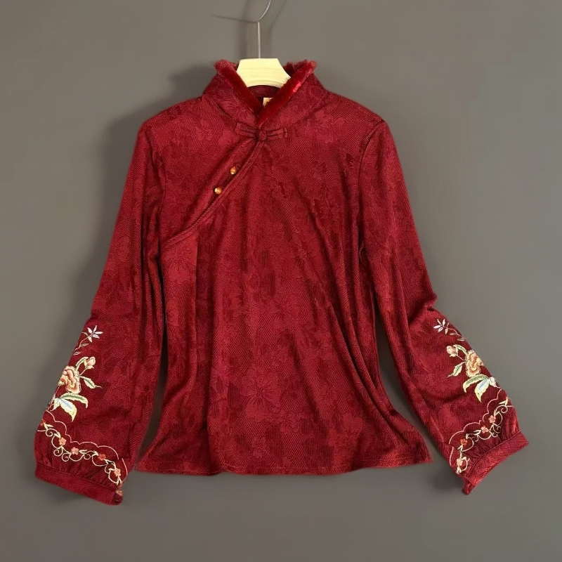 国风素净提花中式斜襟复古旗袍打底衫长袖上衣2025冬季新品正版