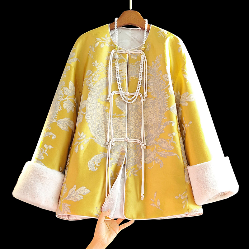 黄色新中式加厚棉服女2024冬装新款提花复古国风上衣