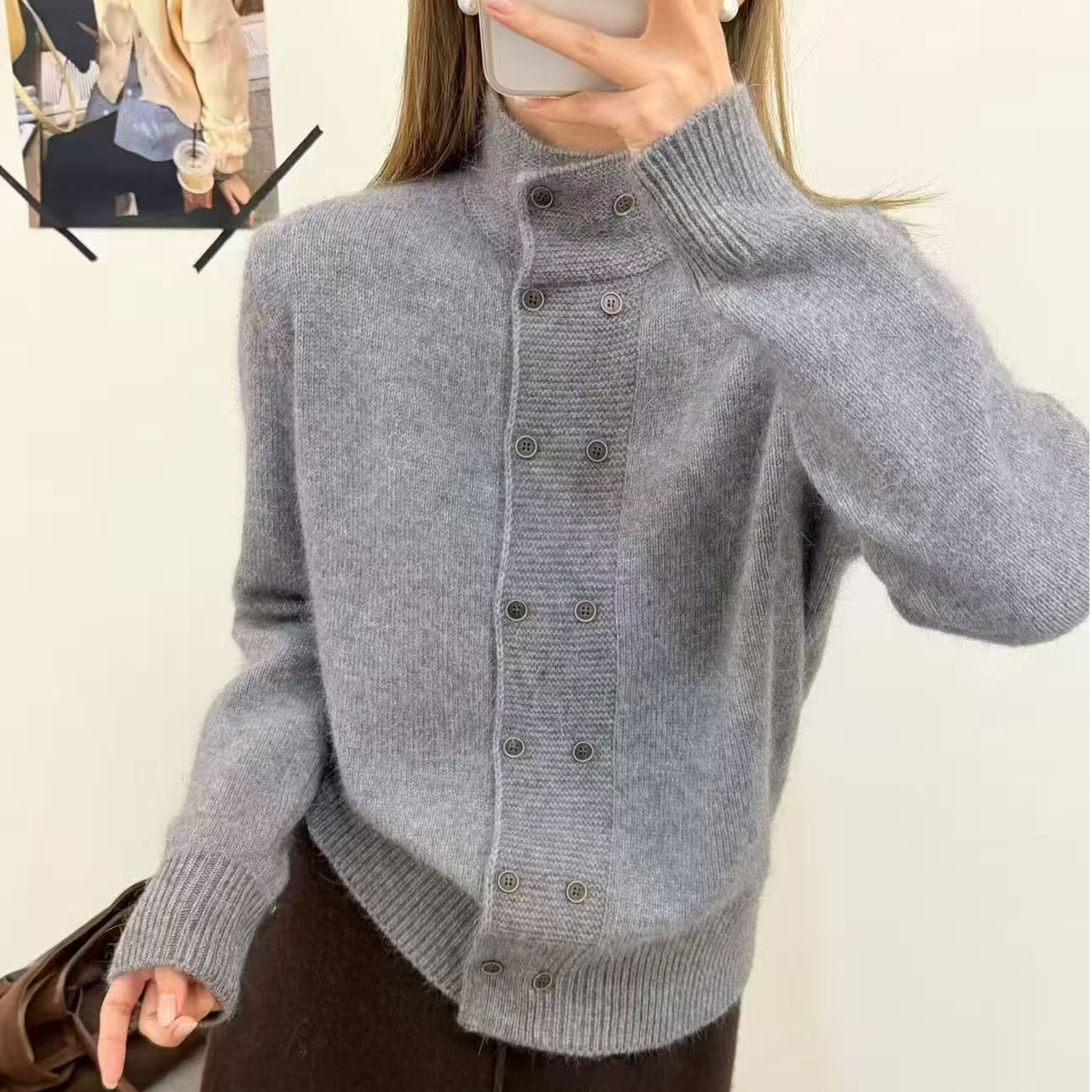 2025重工双排扣气质立领毛衣外套女秋冬加厚感慵懒宽松拉链针织衫
