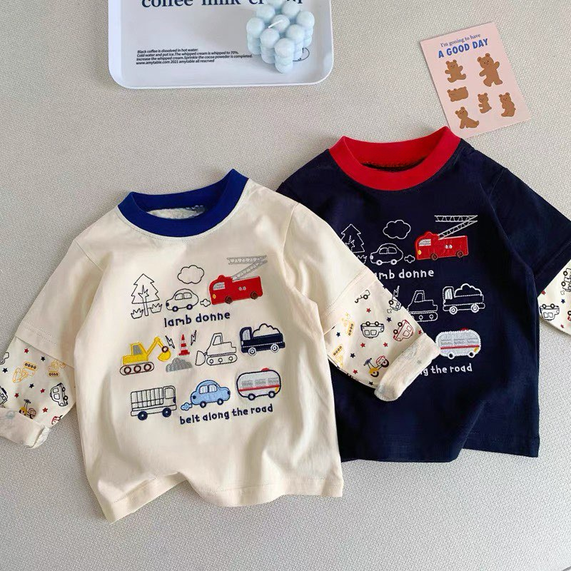 儿童长袖T恤2025秋季男童宝宝可爱工程车印花纯棉假两件上衣