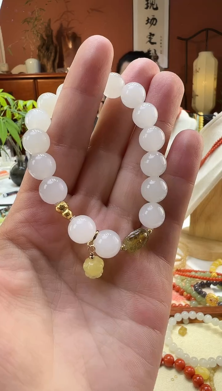 【闪购商品】和田玉手串18K金镶嵌白玉10mm