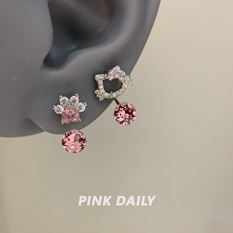 钛钢锆石耳饰  Pink Daily粉色满钻kt猫头马蹄环超闪华子猫爪耳钉