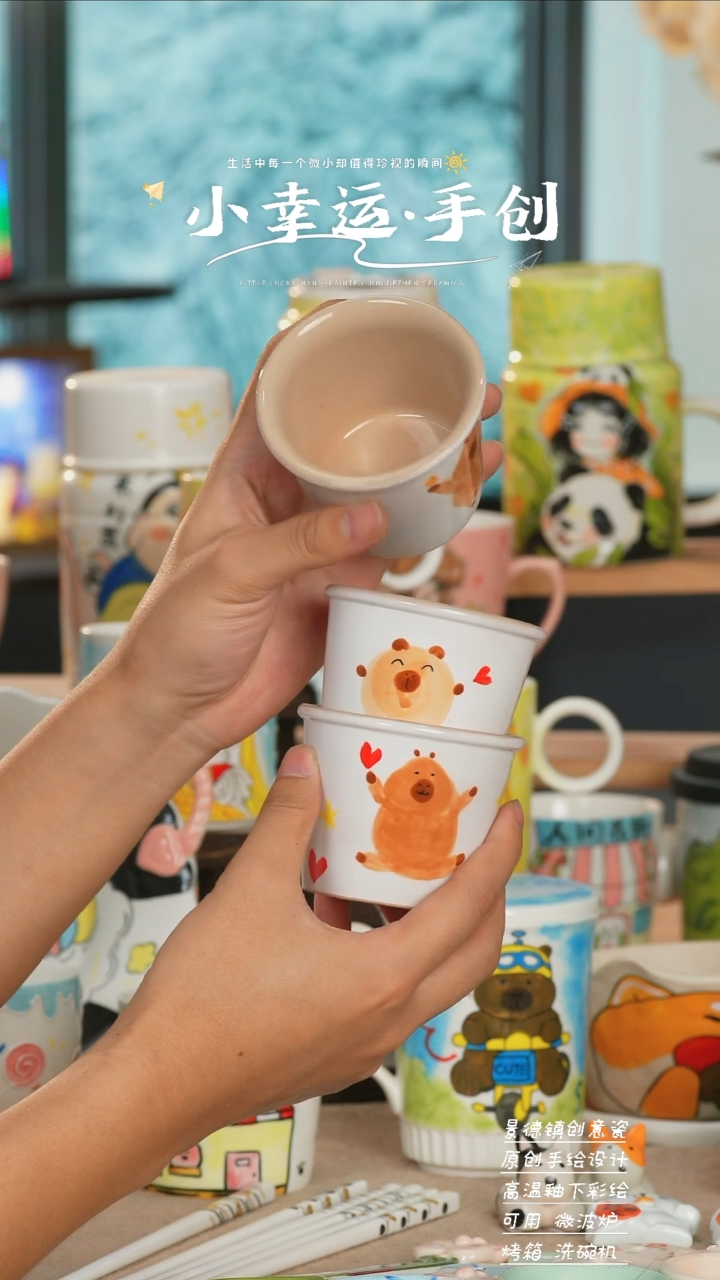 景德镇高温釉下彩纯手工手绘陶瓷-3件套