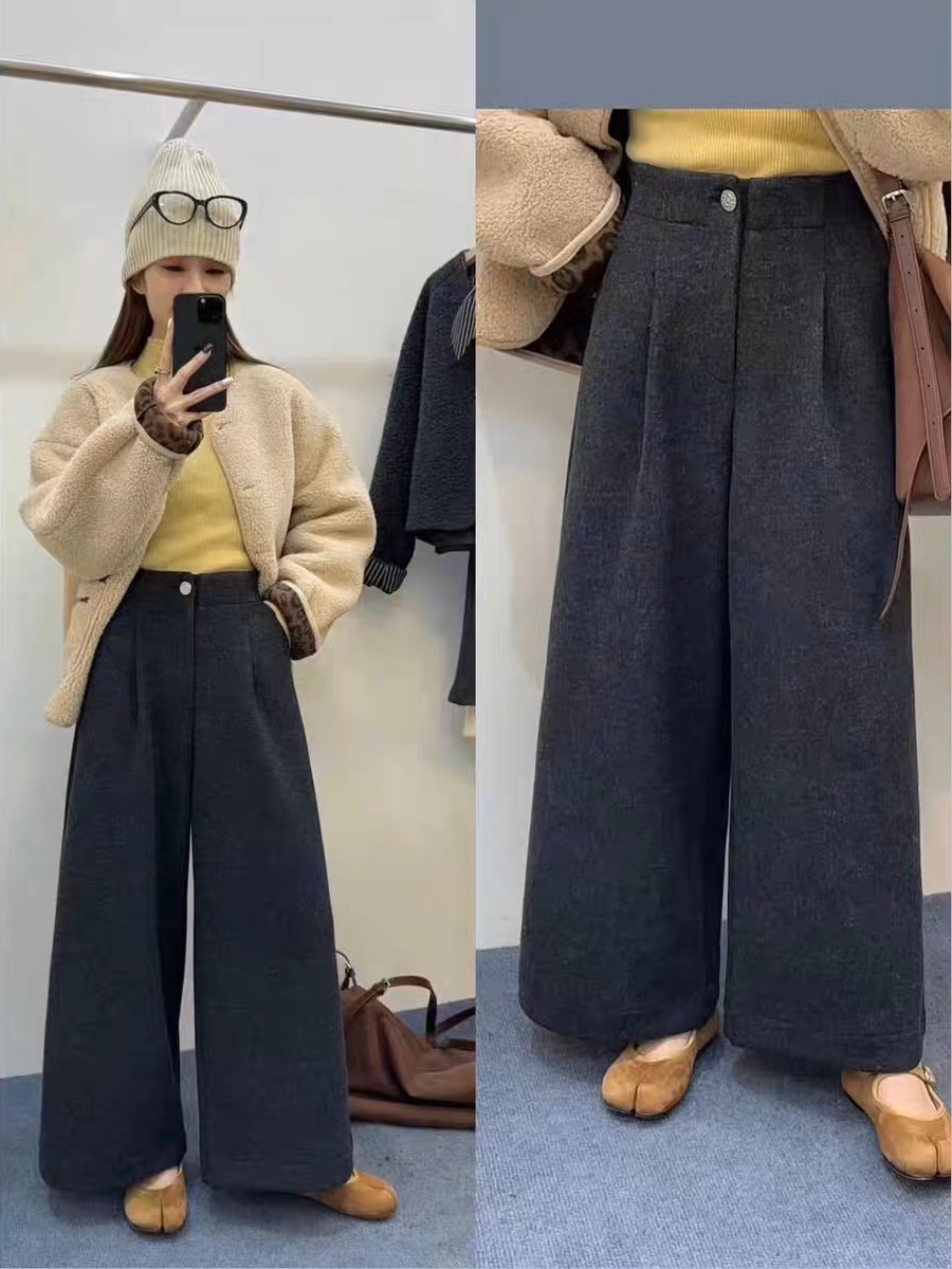 门店正品毛呢冬款休闲阔腿女裤加厚加绒松紧腰高腰时尚显瘦直筒裤