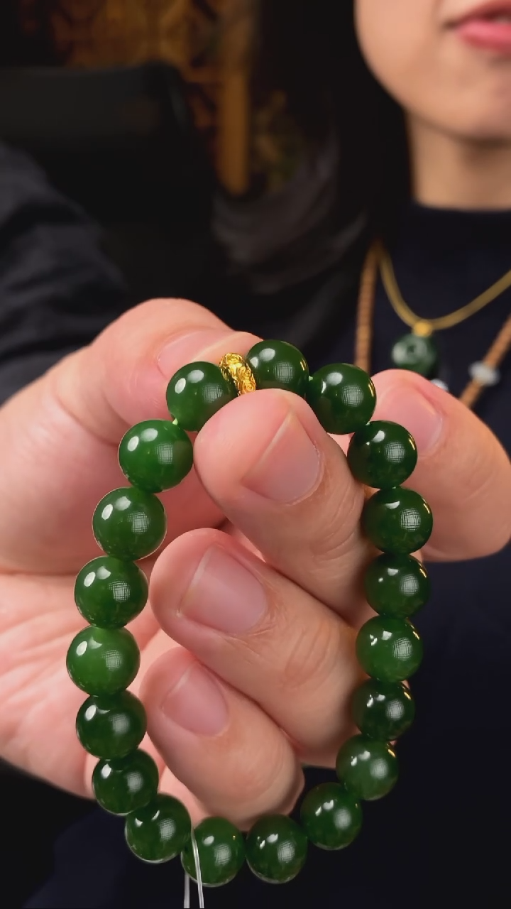 【闪购商品】和田玉碧玉手串18K金镶嵌【玉道侠侣】俄料红皮菠菜绿