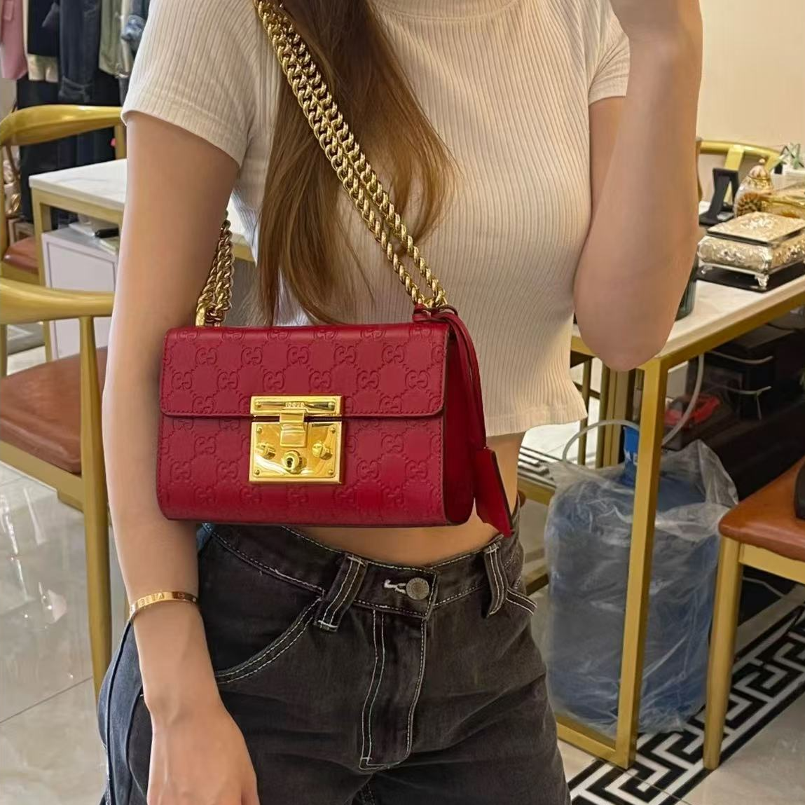 95新 GUCCI/古驰 茉上/红色全皮月光宝盒 链条包