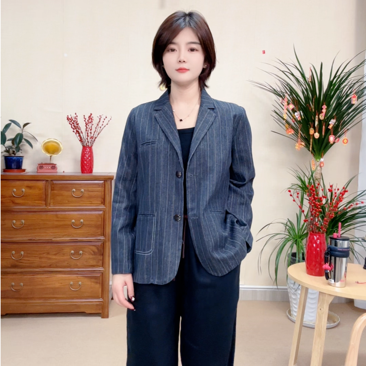 【岁月】2025春100汉麻色织竖条气质修身显瘦时尚百搭西装外套