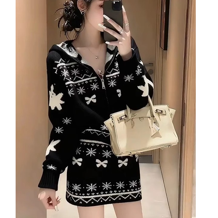韩系黑色针织套装女2025新款早秋慵懒风穿搭提花上衣半身裙两件套