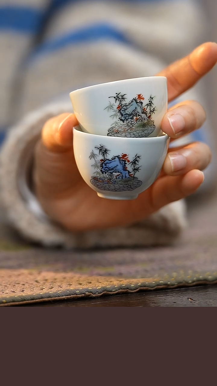 【铜拾社•慢茶小窗边】手工手绘盆景杯（一对）