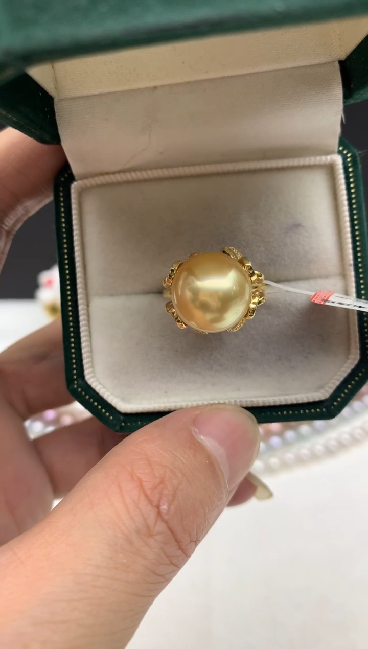 银S925镶嵌aa海水珍珠金珠戒指13~14mm