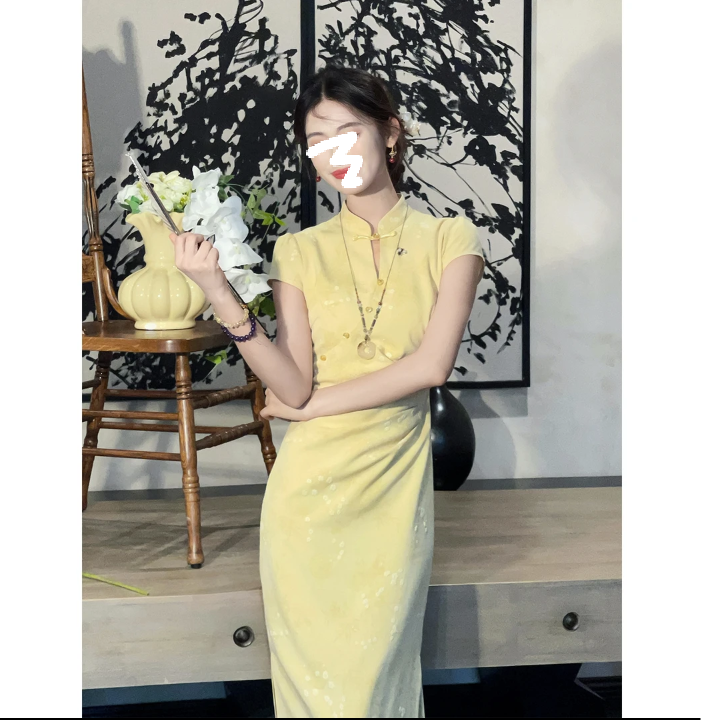 今年流行的漂亮裙子轻奢高级感大方得体巨好看黄色旗袍连衣裙女夏