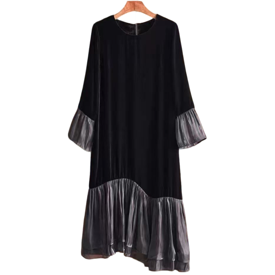 南油粤云  100%桑蚕真丝丝绒圆领设计海岛纱拼接宽松显瘦连衣裙