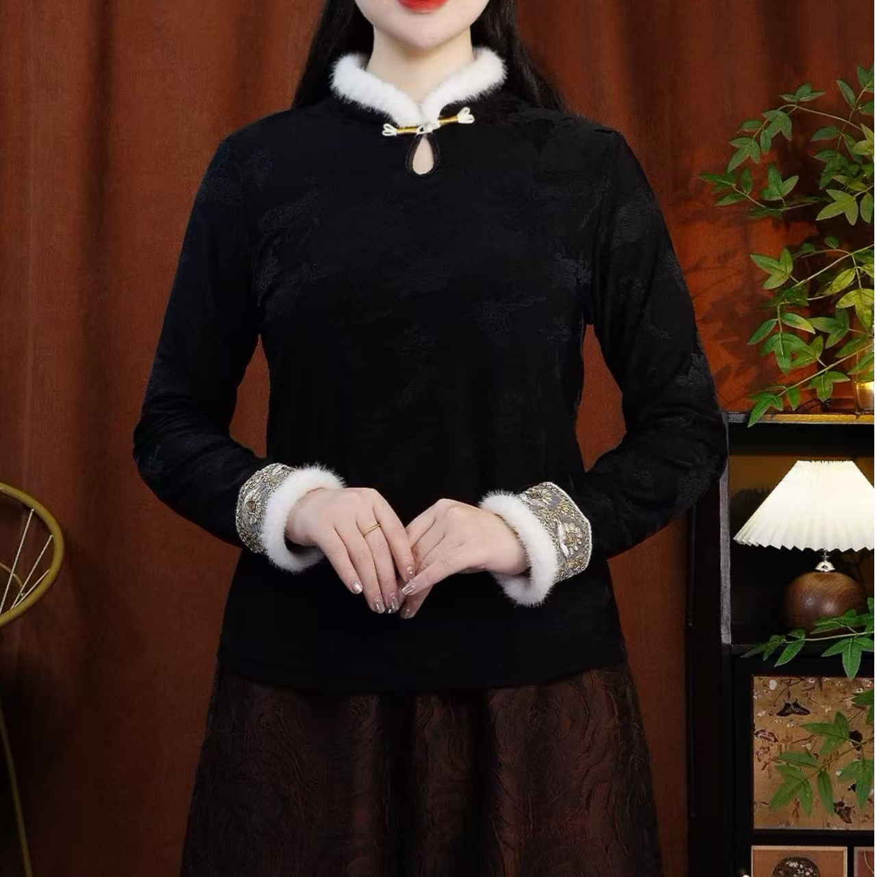 中式国风磨毛秋冬白色加绒打底复古搭外长袖刺绣民族上衣