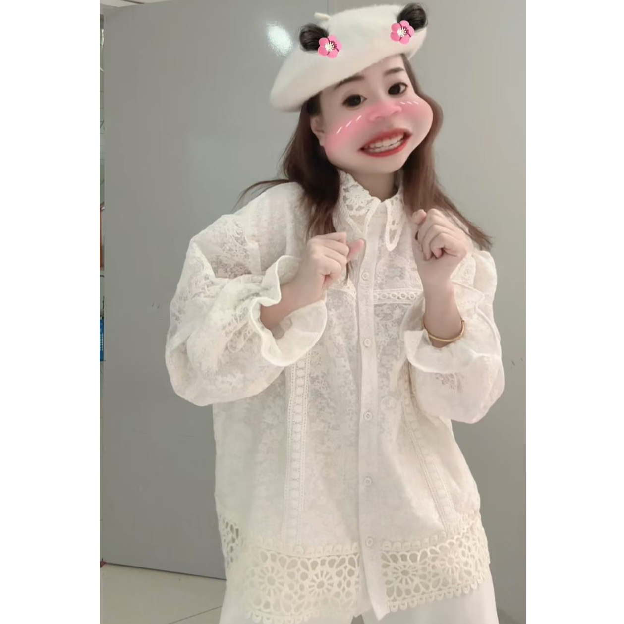 【蔷薇之恋】 泡泡袖领口下摆钩花设计百搭韩系衬衣