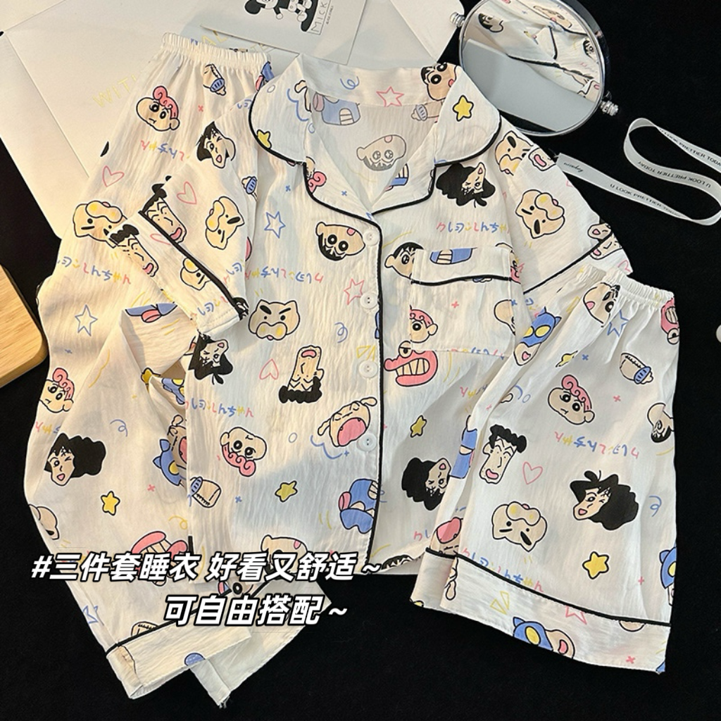 蜡笔小新儿童睡衣女童夏季云朵棉三件套短袖长裤中大童女孩家居服