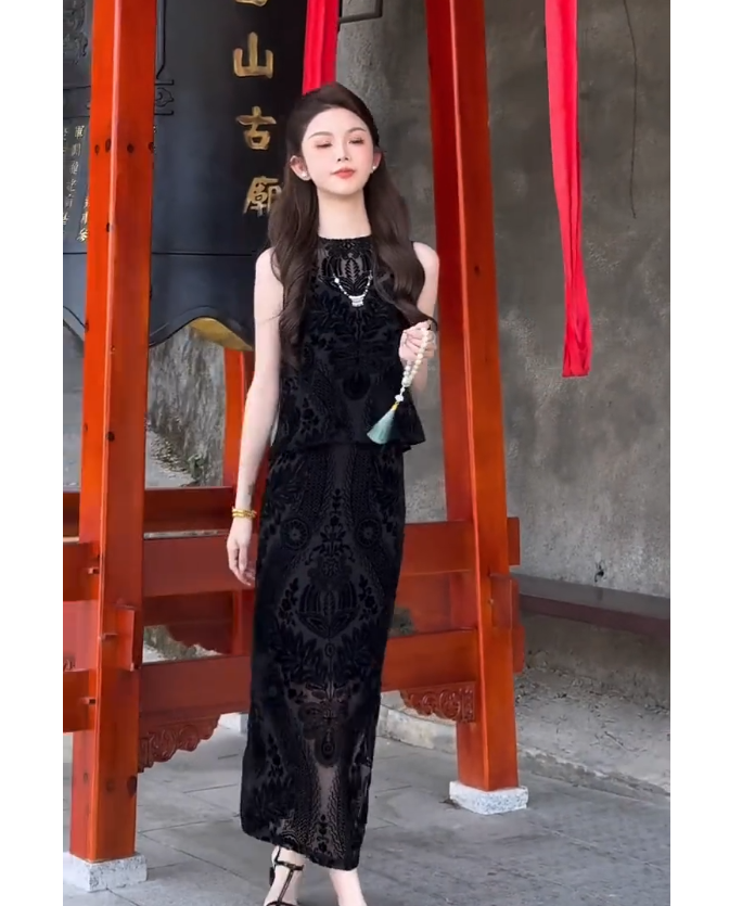 中式无袖套头镂空露肩夏季套装拼接旗袍套装FJ601301