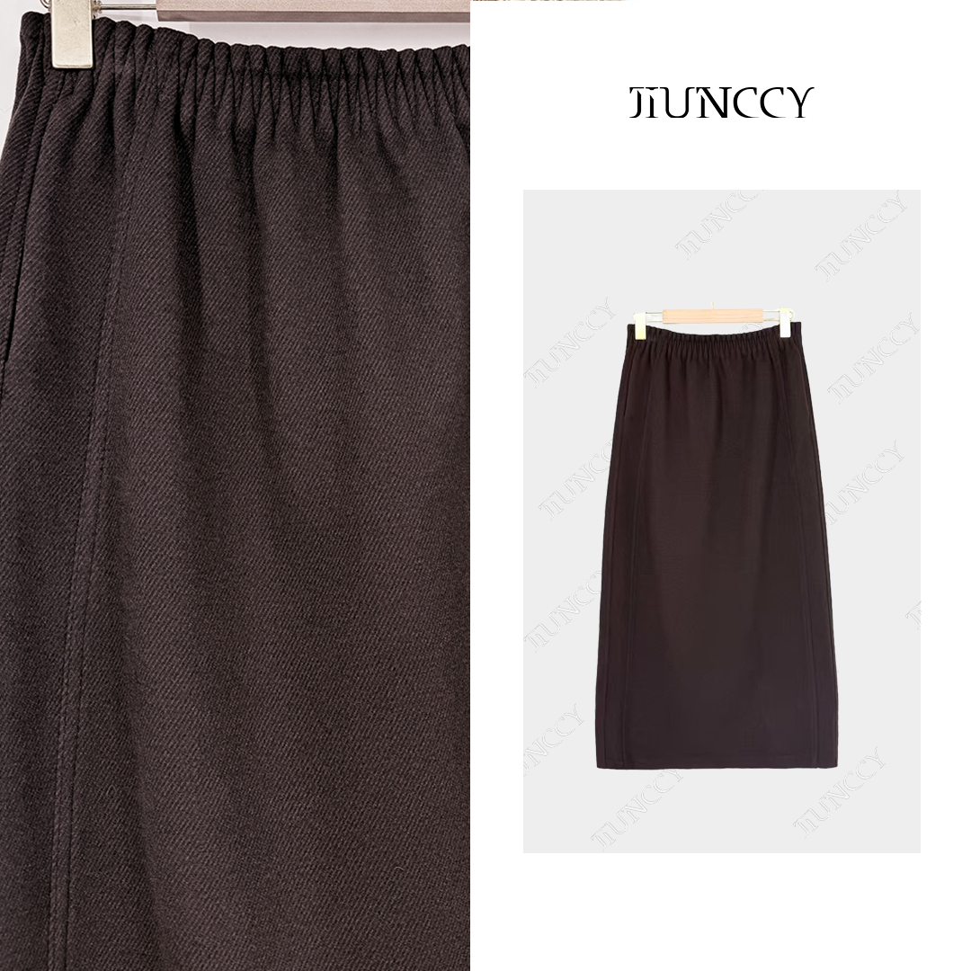 JIUNCCY【折腰裙】绵羊毛混纺侧口袋松紧腰气质后开叉半裙 52YBQ013