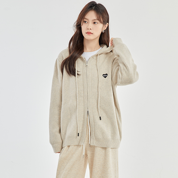 纯色连帽针织开衫外套女2025春秋款宽松运动上衣