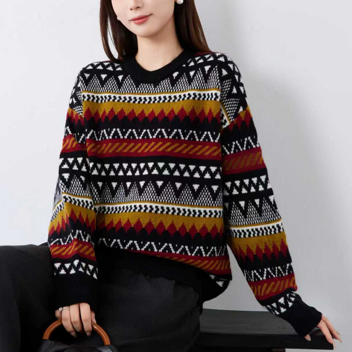 高端品质复古提花加厚圆领100%纯羊毛开衫洋气费尔岛风保暖毛衣冬