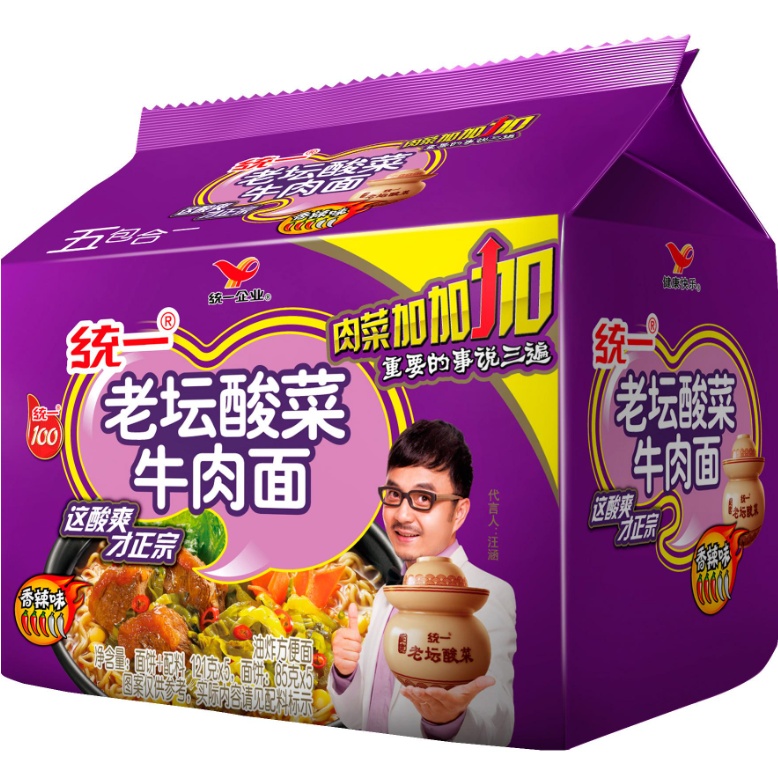 【小时达】统一100老坛酸菜牛肉面袋五连包装