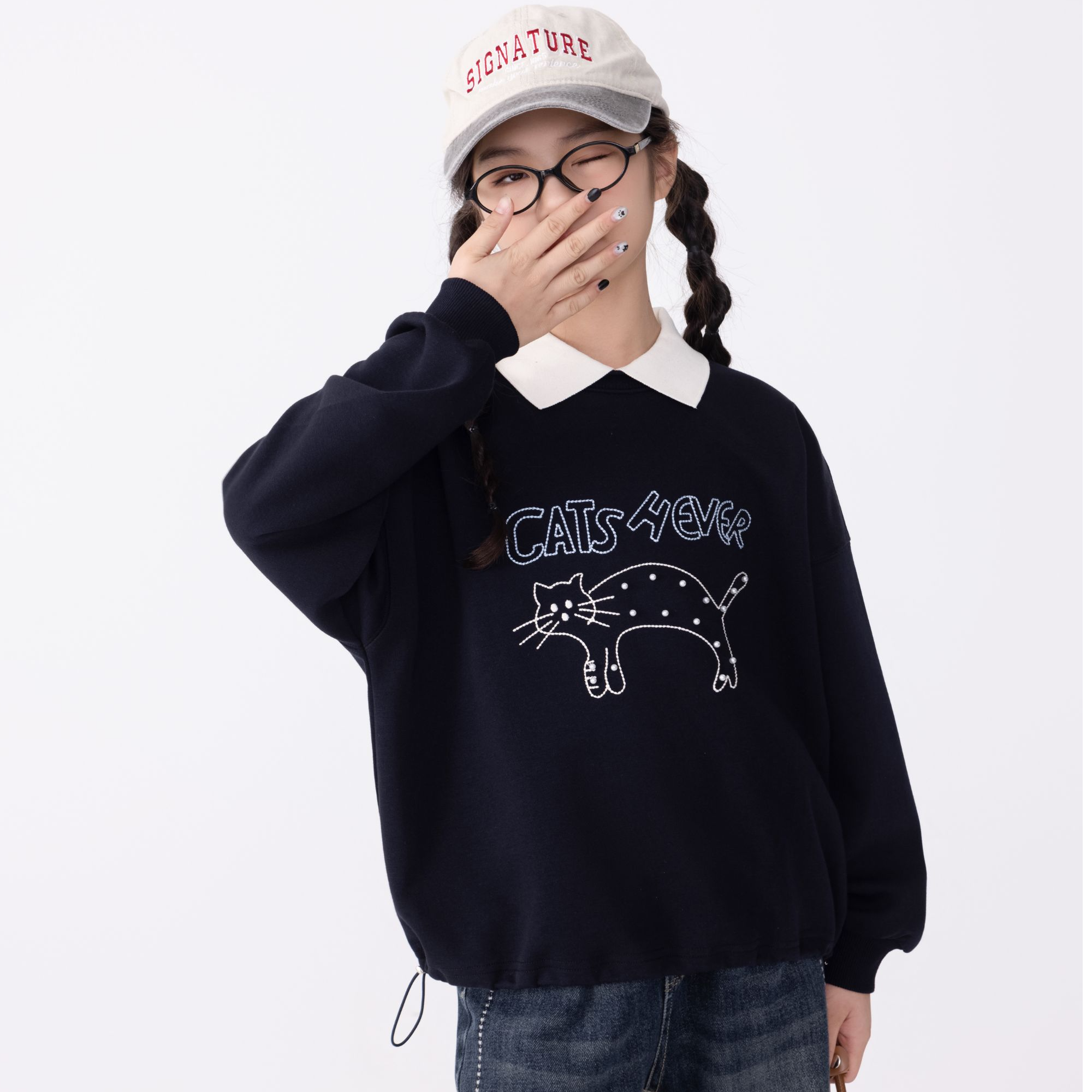 2025秋季新款女童韩版洋气长袖小猫卡通翻领休闲卫衣Q62952