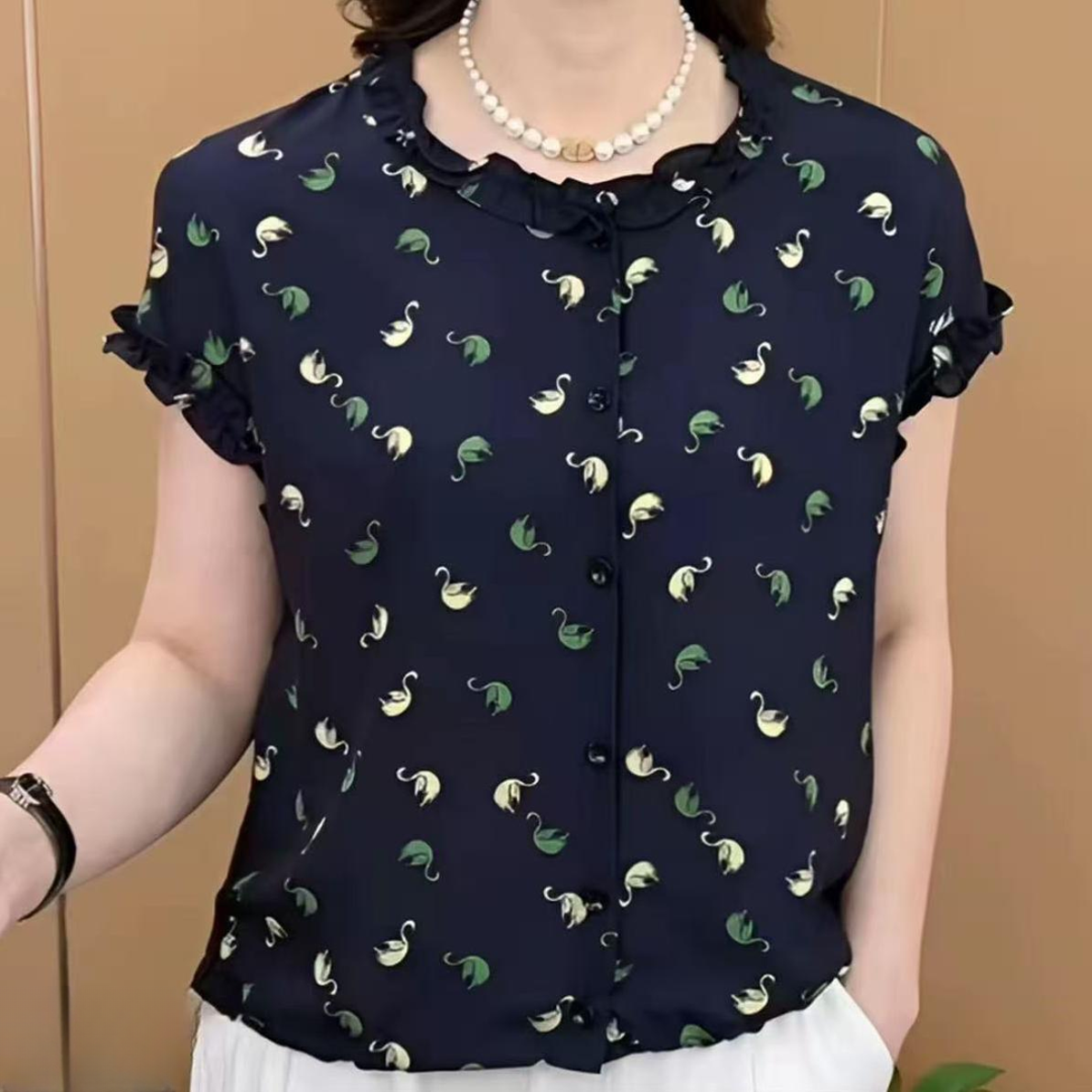 【无抽绳】圆领花边设计洋气妈妈装气质百搭休闲短袖套头衫上衣天