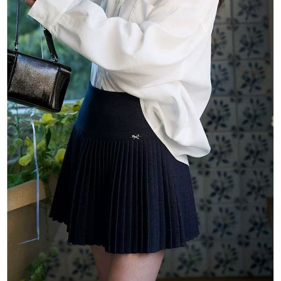 【春邮实体】蓝色百褶半身裙春季新款高腰显瘦a字裙