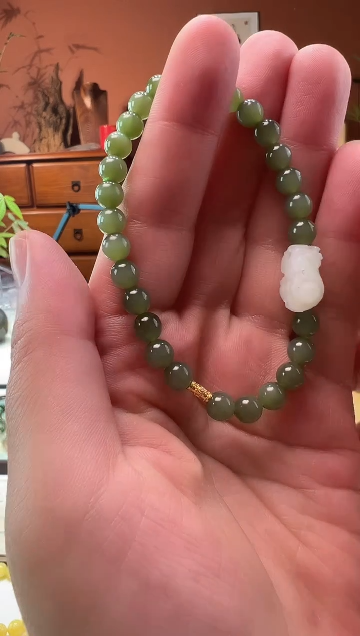 【闪购商品】和田玉（碧玉）手串18K金镶嵌粉青猫眼